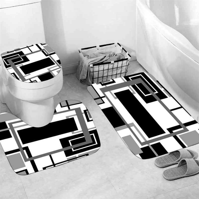 Yddsky 4 Pcs Black Geometric Shower Curtain Sets Non-Slip Bath Rugs  Toilet Cover  U-Shaped Mat  Abstract Geometric Modern Shower Curtain with 12 Hooks - Image 4